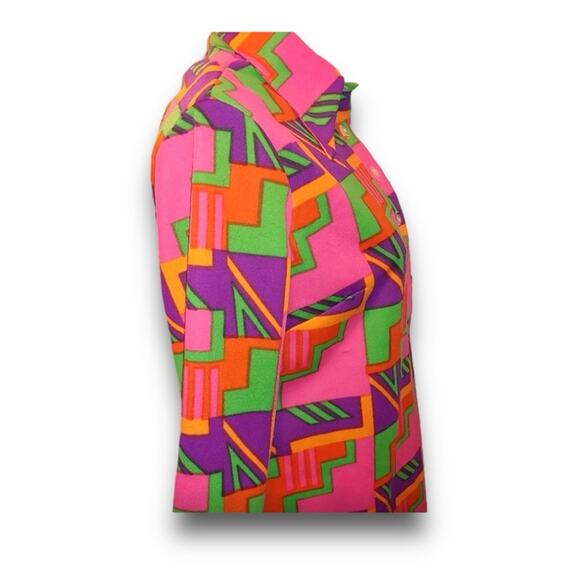 Vintage 70s Disco Shirt in a Bold Print of Pink Purple & Green SZ MED - Picture 3 of 8